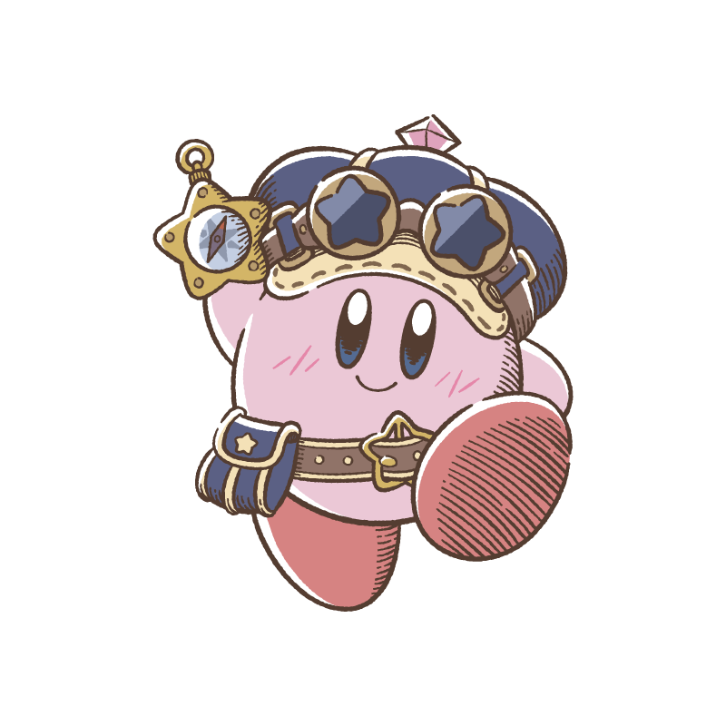 arm_up artist_request belt belt_buckle blue_hat blush brown_belt buckle closed_mouth full_body goggles goggles_on_headwear hat holding holding_pocket_watch hoshi_no_kirby:_mugen_no_haguruma_o_sagase! kirby kirby_(series) nintendo no_humans official_art pocket_watch pouch second-party_source smile solo standing standing_on_one_leg star_(symbol) steampunk transparent_background watch