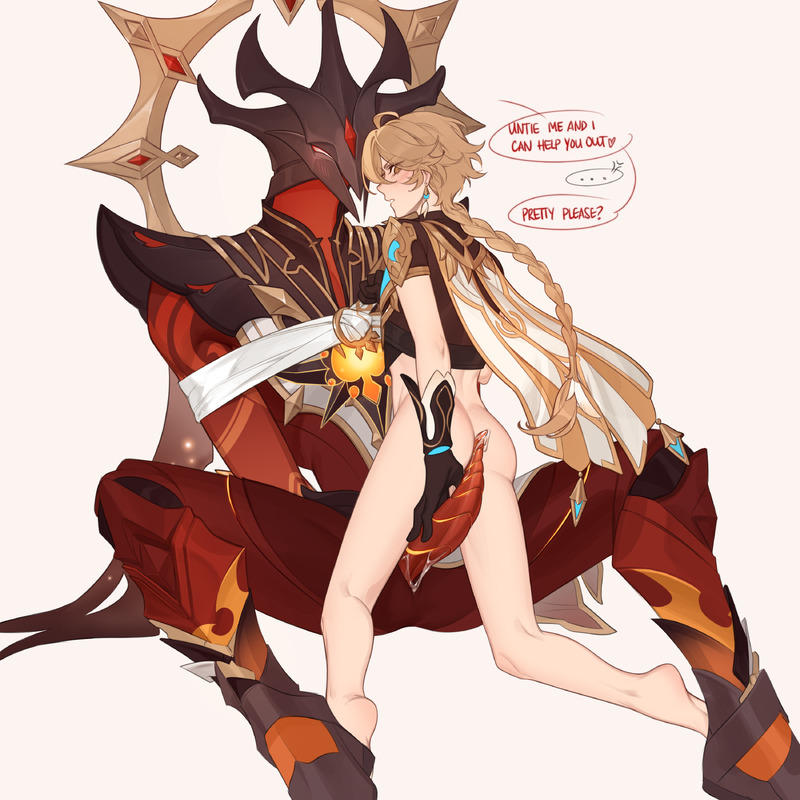 1boy 1other aether_(genshin_impact) androgynous bdsm blonde_hair blush bondage bound braid crop_top earrings english_text enjou_(genshin_impact) erection genshin_impact hair_between_eyes imminent_penetration jewelry speech_bubble suspicious_dish trap