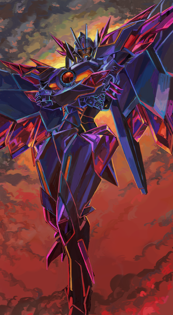 crossed_arms full_body looking_at_viewer mecha outdoors robot sky solo superbia_(bravern) vaison wings yuuki_bakuhatsu_bang_bravern