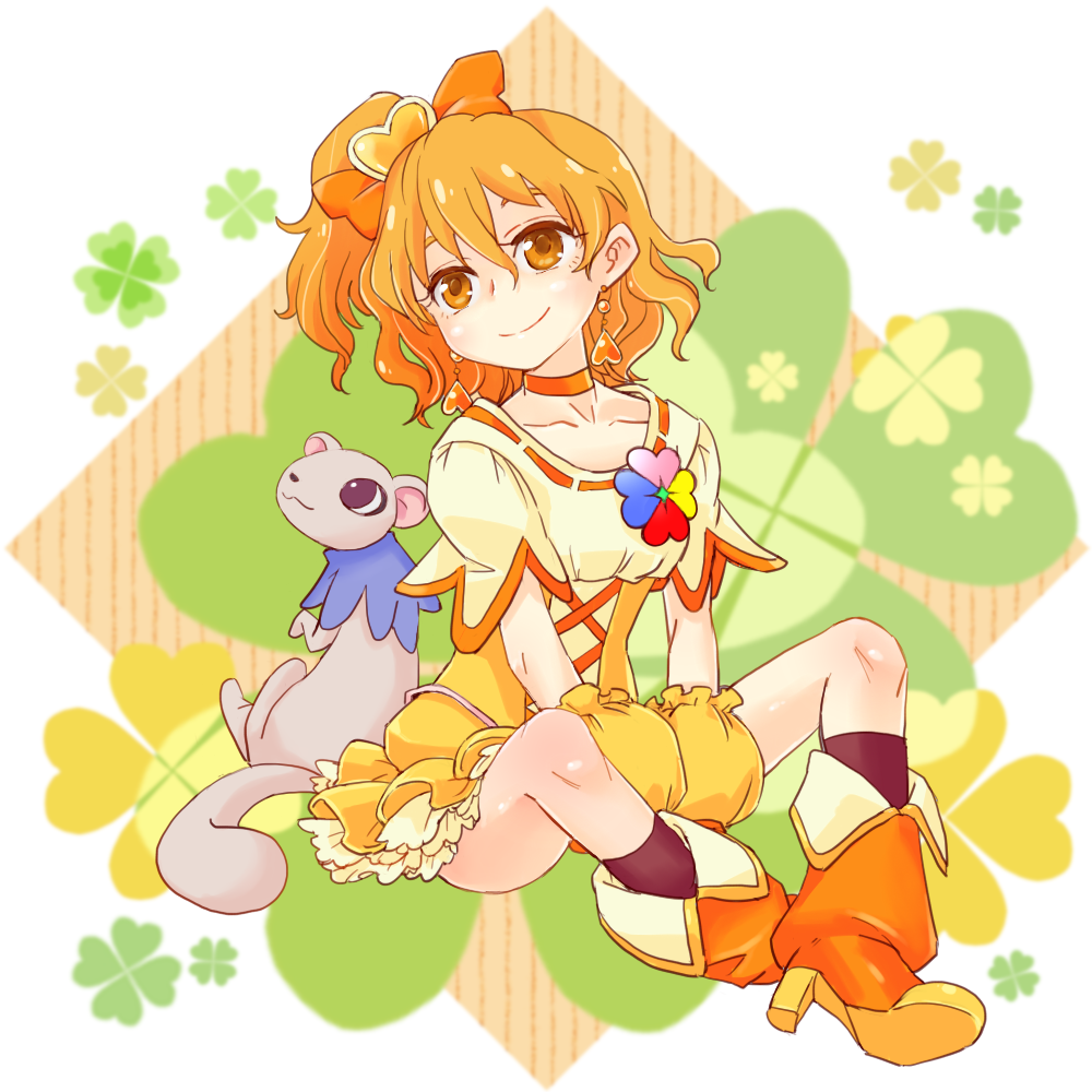 00s 1girl boots bow choker creature cure_pine earrings fresh_precure! full_body galahad_01 hair_bow jewelry magical_girl orange_eyes orange_hair precure short_hair side_ponytail sitting skirt smile tart_(fresh_precure!) v_arms wrist_cuffs yamabuki_inori yellow_skirt