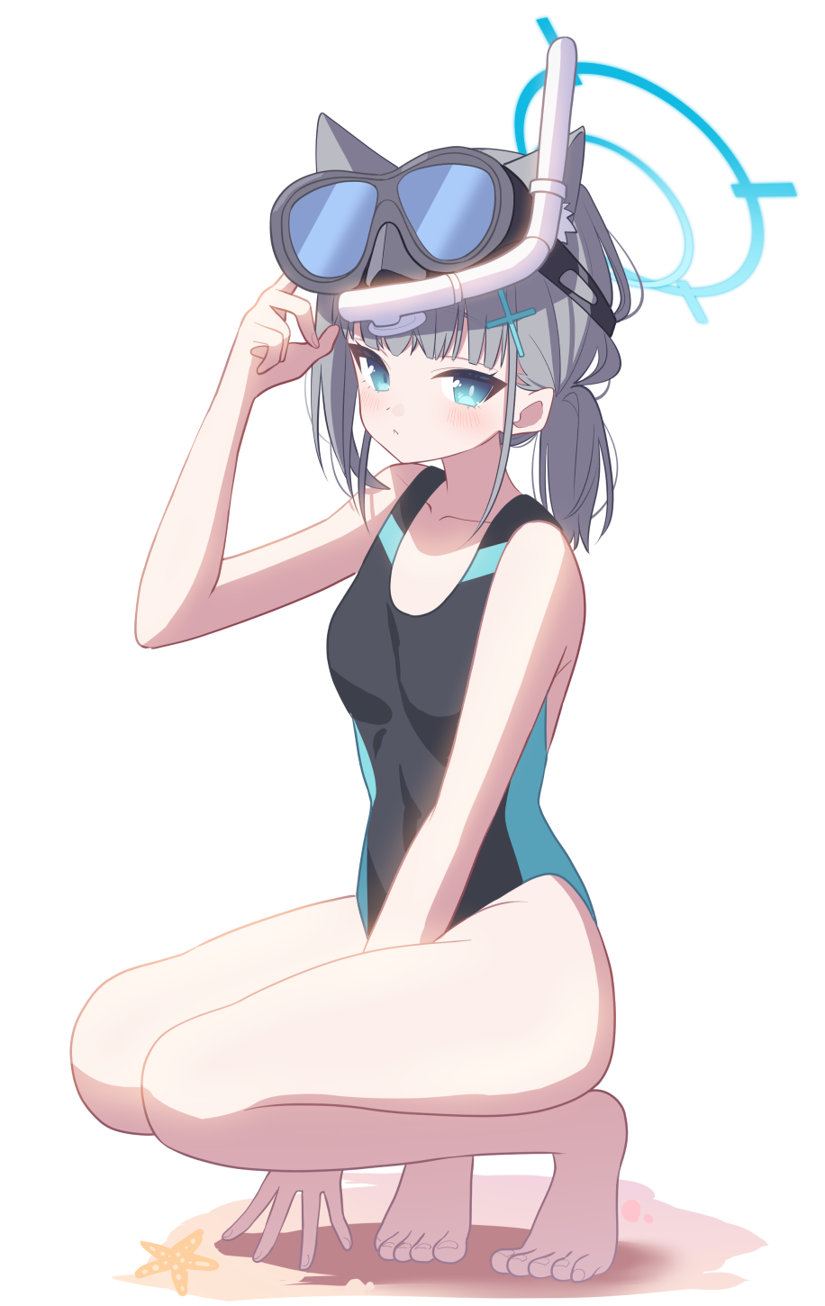 1girl animal_ear_fluff animal_ears bare_legs bare_shoulders barefoot black_one-piece_swimsuit blue_archive blue_eyes cross_hair_ornament goggles goggles_on_head grey_hair hair_ornament highres kaerunrun long_hair looking_at_viewer official_alternate_costume official_alternate_hairstyle one-piece_swimsuit ponytail shiroko_(blue_archive) shiroko_(swimsuit)_(blue_archive) sidelocks solo swim_goggles swimsuit wolf_ears wolf_girl