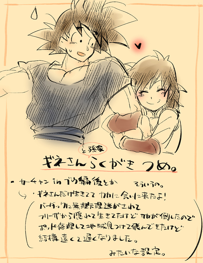 1boy 1girl ake54 ake_(ake54) arrow_(symbol) blush dragon_ball dragonball_z gine heart mother_and_son muscular open_mouth short_hair smile son_goku spiked_hair sweatdrop translation_request