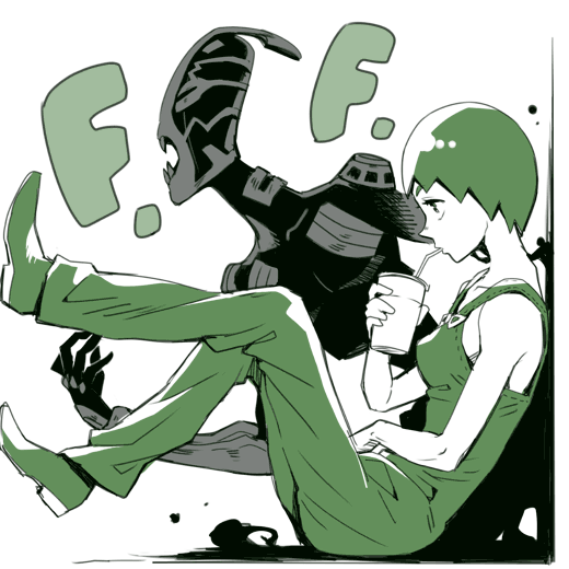 1girl bad_id bad_pixiv_id drinking foo_fighters_(jojo) foo_fighters_(stand) green_hair green_theme jojo_no_kimyou_na_bouken monochrome overalls short_hair stand_(jojo) stone_ocean ttk_(ehohmaki)