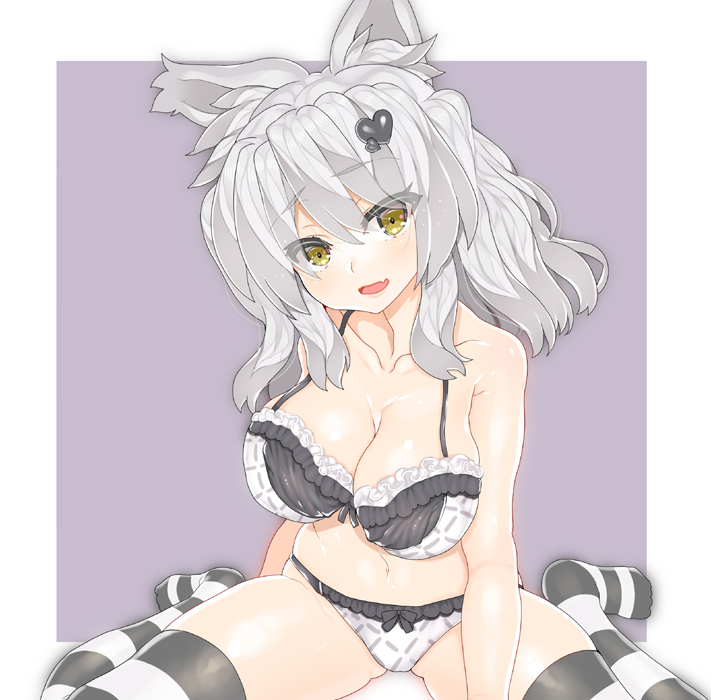 1girl animal_ear_fluff animal_ears bare_arms bare_shoulders blush bow bow_bra bow_panties bra breasts brown_eyes char cleavage collarbone commentary_request copyright_request fang female_focus hair_between_eyes hair_ornament head_tilt heart heart_hair_ornament large_breasts long_hair looking_at_viewer navel no_shoes open_mouth panties purple_background sidelocks silver_hair sitting solo striped_clothes striped_thighhighs thighhighs two-tone_background underwear underwear_only wariza white_background white_bra white_panties