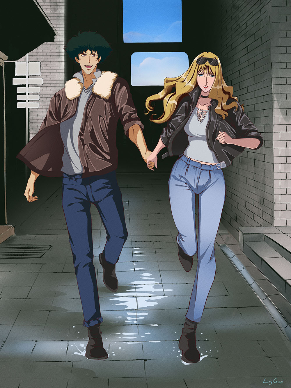 blonde_hair blue_eyes blue_jeans brown_eyes couple cowboy_bebop curly_hair green_hair highres julia_(cowboy_bebop) lucyguusi spike_spiegel sunglasses