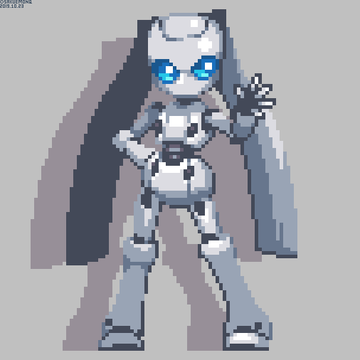 1girl blue_eyes drossel_von_flugel fireball_(series) hand_on_own_hip humanoid_robot joints mechanical_hair no_mouth pixel_art robot robot_girl robot_joints sakuemon solo twintails