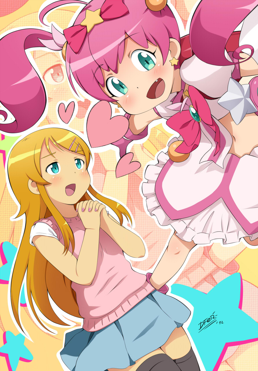 2girls aqua_eyes backpack bad_id bag black_legwear blonde_hair bow dutch_angle earrings fang frills gloves green_eyes hair_bow hair_ornament hairclip heart highres hoshikuzu_witch_meruru idfer jewelry kousaka_kirino long_hair looking_at_viewer magical_girl meruru_(oreimo) midriff multiple_girls nail_polish open_mouth ore_no_imouto_ga_konna_ni_kawaii_wake_ga_nai own_hands_clasped pink_bow pink_hair randoseru smile star thighhighs twintails zettai_ryouiki zoom_layer