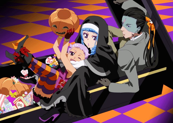 1boy 2girls ange_serena black_gloves candy closed_mouth coffin food fumiko_(mesushi) gloves halloween hermana_larmo high_heels jack-o&#039;-lantern long_hair makeup multiple_girls nun one_eye_closed open_mouth pumpkin ricardo_soldato short_hair smile striped_clothes striped_thighhighs tales_of_(series) tales_of_innocence thighhighs very_short_hair