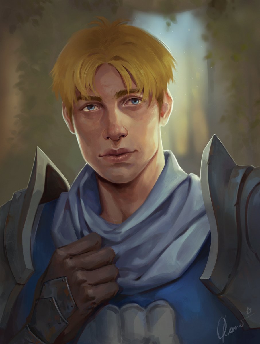 1boy armor blonde_hair blue_eyes brown_gloves gloves highres kueshka looking_at_viewer paladin paladin_(warcraft) pauldrons short_hair shoulder_armor signature solo upper_body warcraft world_of_warcraft