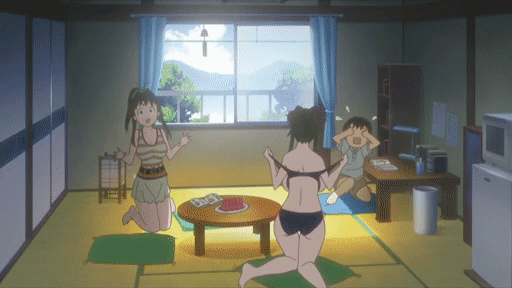 1boy 2girls angry animated animated_gif backboob bouncing_breasts breasts kanokon lingerie mature_female minamoto_chizuru minamoto_tamamori multiple_girls navel nipples oyamada_kouta tamamo tamamo(kanokon) underwear window