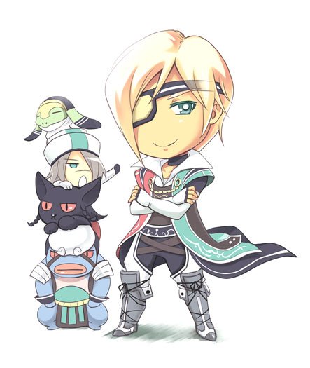 1boy 1girl animal bad_id bad_pixiv_id belt blocter buckle cat chibi david_nassau emma_honeywell eyepatch full_body green_eyes looking_at_viewer pagus short_hair simple_background souchi the_last_remnant torgal white_background