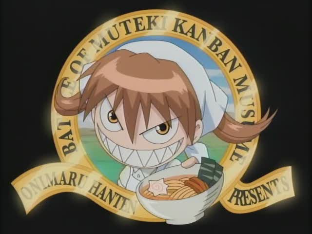 1girl anime_screenshot female_focus food headscarf jpeg_artifacts kamaboko metro-goldwyn-mayer mgm muteki_kanban_musume narutomaki noodles nori_(seaweed) onimaru_miki parody ramen sharp_teeth solo teeth