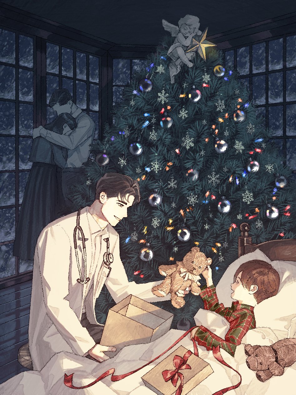 1girl 3boys bed black_eyes box brown_hair cherub child christmas christmas_ornaments christmas_present christmas_star christmas_tree coat doctor gift gift_box green_shirt hand_up highres holding holding_stuffed_toy hug husband_and_wife indoors jaddddan long_sleeves looking_at_another lying male_focus multiple_boys on_back open_mouth original pillow plaid_clothes plaid_shirt red_ribbon red_shirt ribbon shirt short_hair sick sitting smile snowing stethoscope stuffed_animal stuffed_dog stuffed_toy teddy_bear under_covers very_short_hair white_coat