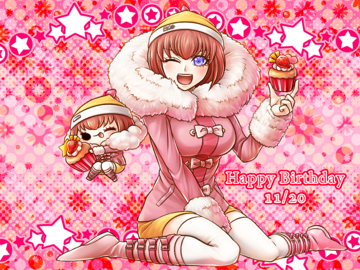 2girls ;p ando_ruruka beanie belt belt_buckle black_eyes boots bow bow_button breasts buckle clone closed_mouth coat commentary_request cupcake danganronpa_(series) danganronpa_2:_goodbye_despair dated english_text eyelashes floating floral_background food fruit full_body fur-trimmed_hood fur_cuffs fur_trim hand_on_lap happy_birthday hat heart holding holding_food hood hood_down hooded_coat icing large_breasts light_blush long_sleeves looking_at_viewer miniskirt multiple_belts multiple_girls one_eye_closed open_mouth oversized_food oversized_object pale_skin pink_background pink_belt pink_boots pink_bow pink_coat pink_hair polka_dot polka_dot_background pom_pom_(clothes) pom_pom_beanie purple_eyes shoe_belt short_hair skirt smile solid_eyes star_(symbol) star_symbol_background strawberry teeth thighhighs tongue tongue_out upper_teeth_only white_thighhighs white_wrist_cuffs winter_clothes winter_coat wrist_cuffs yellow_hat yellow_skirt yumaru_(marumarumaru) zettai_ryouiki