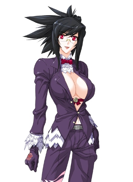 1girl belt breasts cleavage demonbane game_cg glasses large_breasts nya_(demonbane) pants tagme
