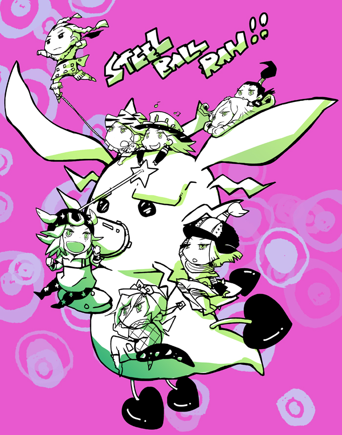 1girl 6+boys bad_id bad_pixiv_id chibi diego_brando dri expressionless full_body funny_valentine gyro_zeppeli heart hot_pants_(sbr) johnny_joestar jojo_no_kimyou_na_bouken mini_person miniboy monochrome monster mountain_tim multiple_boys pink_background pointy_ears sandman_(sbr) scarlet_valentine simple_background steel_ball_run tusk_(stand) tusk_act1 wekapipo