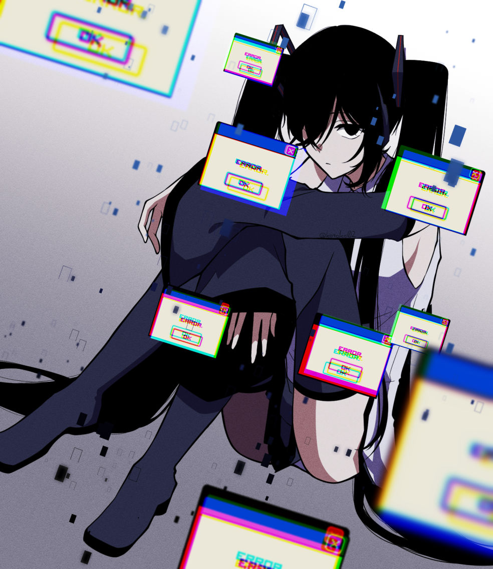 1girl alternate_eye_color alternate_hair_color black_eyes black_hair blank_eyes boots detached_sleeves dutch_angle error_message gradient_background grey_background hatsune_miku hatsune_miku_no_shoushitsu_(vocaloid) knees_to_chest kotoko0 sitting sleeves_past_wrists solo thigh_boots thighhighs twintails vocaloid wide_sleeves