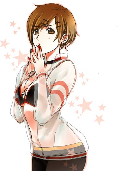 1girl bra breasts brown_eyes brown_hair cleavage female_focus hair_ornament hairclip long_sleeves looking_at_viewer meiko_(vocaloid) meiko_(whistle)_(vocaloid) nail_polish navel own_hands_together project_diva_(series) red_nails see-through_clothes short_hair sketch solo toyu underboob underwear vocaloid whistle white_background