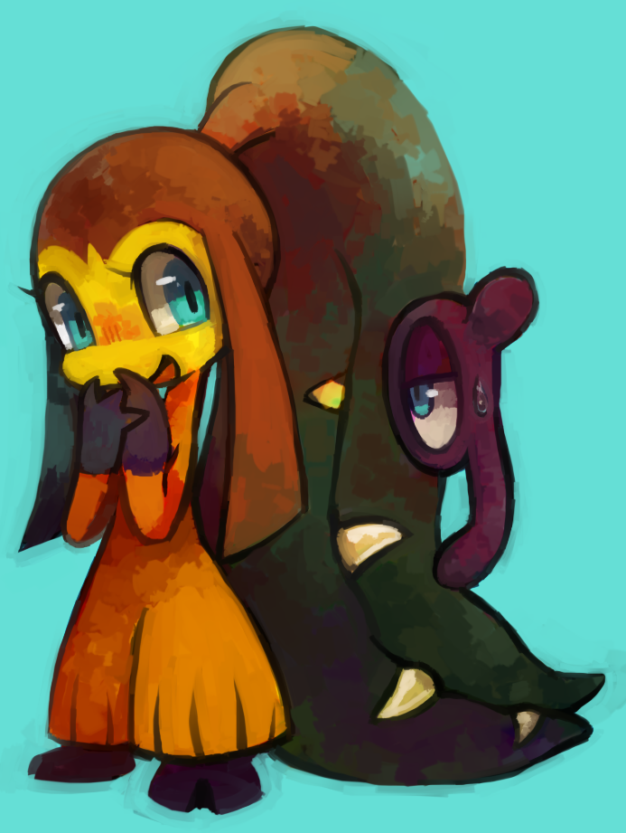 :d blue_background blue_eyes blush creature extyrannomon_(artist) eye_contact floating full_body gen_2_pokemon gen_3_pokemon looking_at_another mawile nintendo no_humans open_mouth pokemon pokemon_(creature) simple_background smile standing sweat unown unown_j