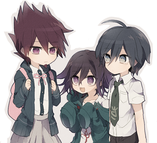 3boys ahoge backpack bag bare_arms black_jacket black_pants blue_eyes blue_hair brown_skirt closed_mouth collared_shirt cosplay cowboy_shot crossdressing crossdressing_(mtf) danganronpa_(series) danganronpa_2:_goodbye_despair danganronpa_v3:_killing_harmony dress_shirt expressionless eyelashes facial_hair goatee gradient_eyes green_eyes green_jacket green_necktie grey_outline hair_between_eyes hands_up height_difference high-waist_skirt hinata_hajime hinata_hajime_(cosplay) holding holding_bag hood hood_down hooded_jacket jacket komaeda_nagito komaeda_nagito_(cosplay) light_blush looking_at_another male_focus momota_kaito multicolored_eyes multiple_boys nanami_chiaki nanami_chiaki_(cosplay) neck_ribbon necktie oma_kokichi open_clothes open_jacket open_mouth outline oversized_clothes pants pink_bag pink_ribbon pleated_skirt pocket purple_eyes purple_facial_hair purple_hair ribbon saihara_shuichi shirt short_hair short_sleeves simple_background skirt sleeves_past_fingers sleeves_past_wrists smile spiked_hair suke_(mo8460) sweater_jacket t-shirt wavy_mouth white_background white_shirt