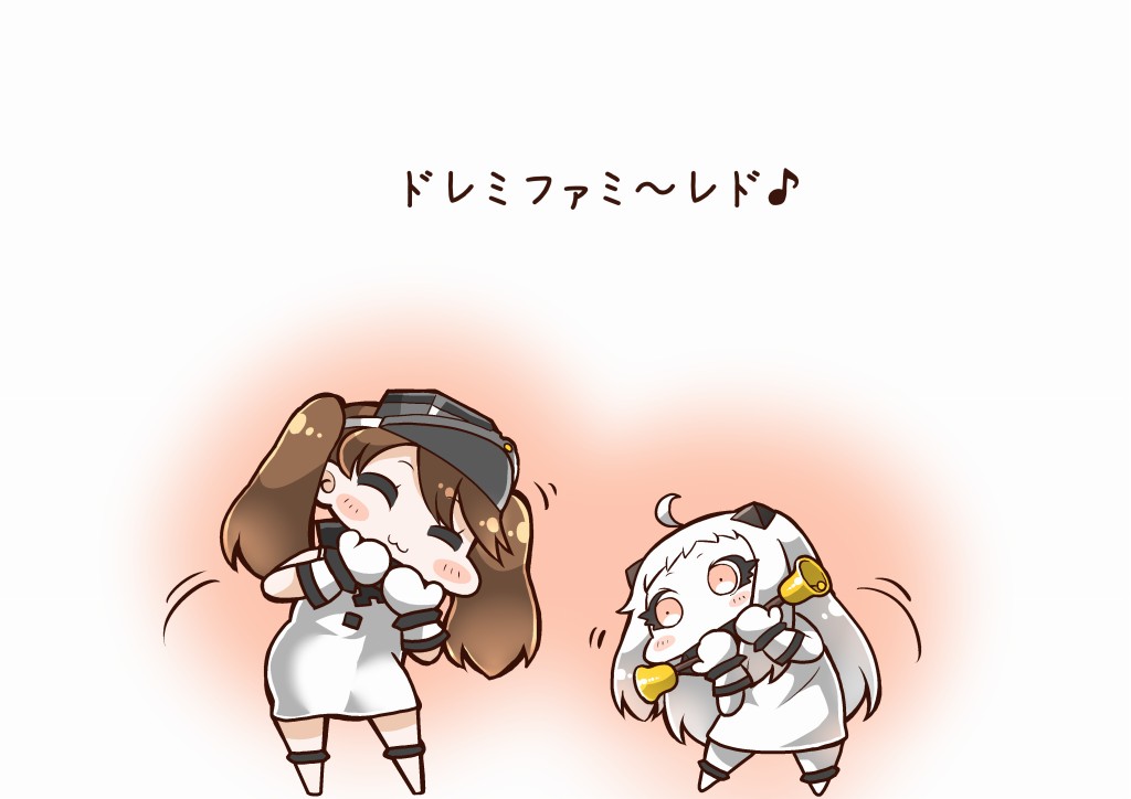 2girls abyssal_ship ahoge alternate_costume bell brown_eyes brown_hair comic cosplay dress closed_eyes horns kantai_collection long_hair mittens multiple_girls musical_note northern_ocean_hime_(cosplay) northern_ocean_princess pale_skin red_eyes ryuujou_(kancolle) sleeveless sleeveless_dress tanaka_kusao white_dress white_hair
