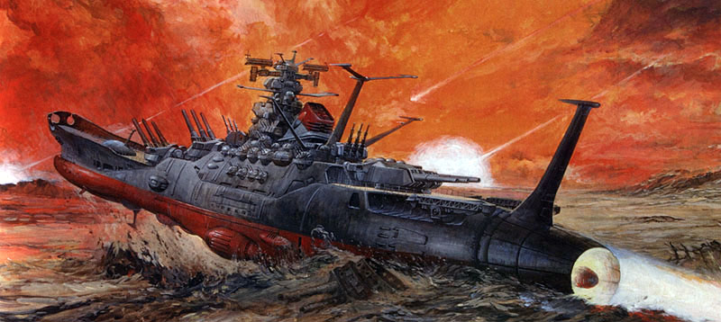 1970s_(style) bomb desert epic explosive meteor meteor_bomb no_humans official_art oldschool realistic retro_artstyle ruins science_fiction spacecraft takani_yoshiyuki uchuu_senkan_yamato yamato_(spaceship) yamato_(uchuu_senkan_yamato)