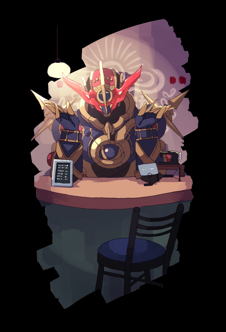 1boy alien armor black_border blue_armor border cafe chair coffee commentary commentary_request ebony_nightmare evolto full_armor gloves gold_armor gold_trim hand_up hands_up helmet kamen_rider kamen_rider_build_(series) kamen_rider_evol light light_bulb looking_at_viewer male_focus open_hands outside_border red_armor red_background red_eyes science_fiction sewing_machine shirt short_hair shoulder_armor shoulder_spikes signature simple_background sleeves_rolled_up smile solo spikes standing tokusatsu upper_body visor