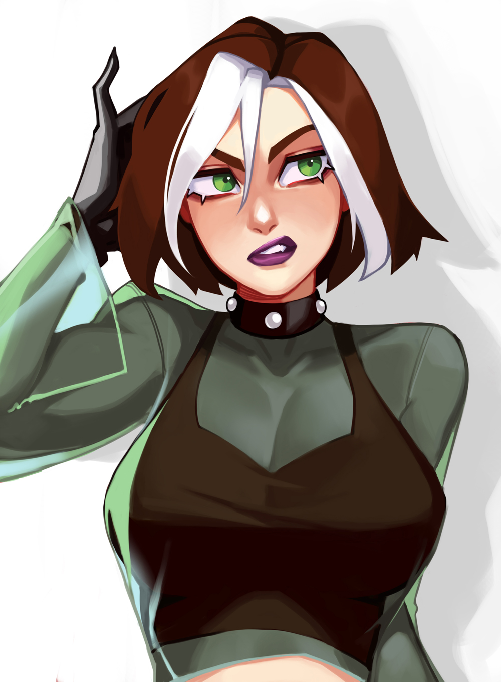 1girl animification black_collar black_gloves black_tank_top breasts brown_hair cleavage clenched_teeth collar colored_bangs gloves green_eyes highres large_breasts lipstick looking_to_the_side makeup marvel purple_lips qtori rogue_(x-men) see-through_clothes see-through_shirt see-through_sleeves shirt short_hair solo tank_top teeth transparent white_hair x-men x-men_evolution
