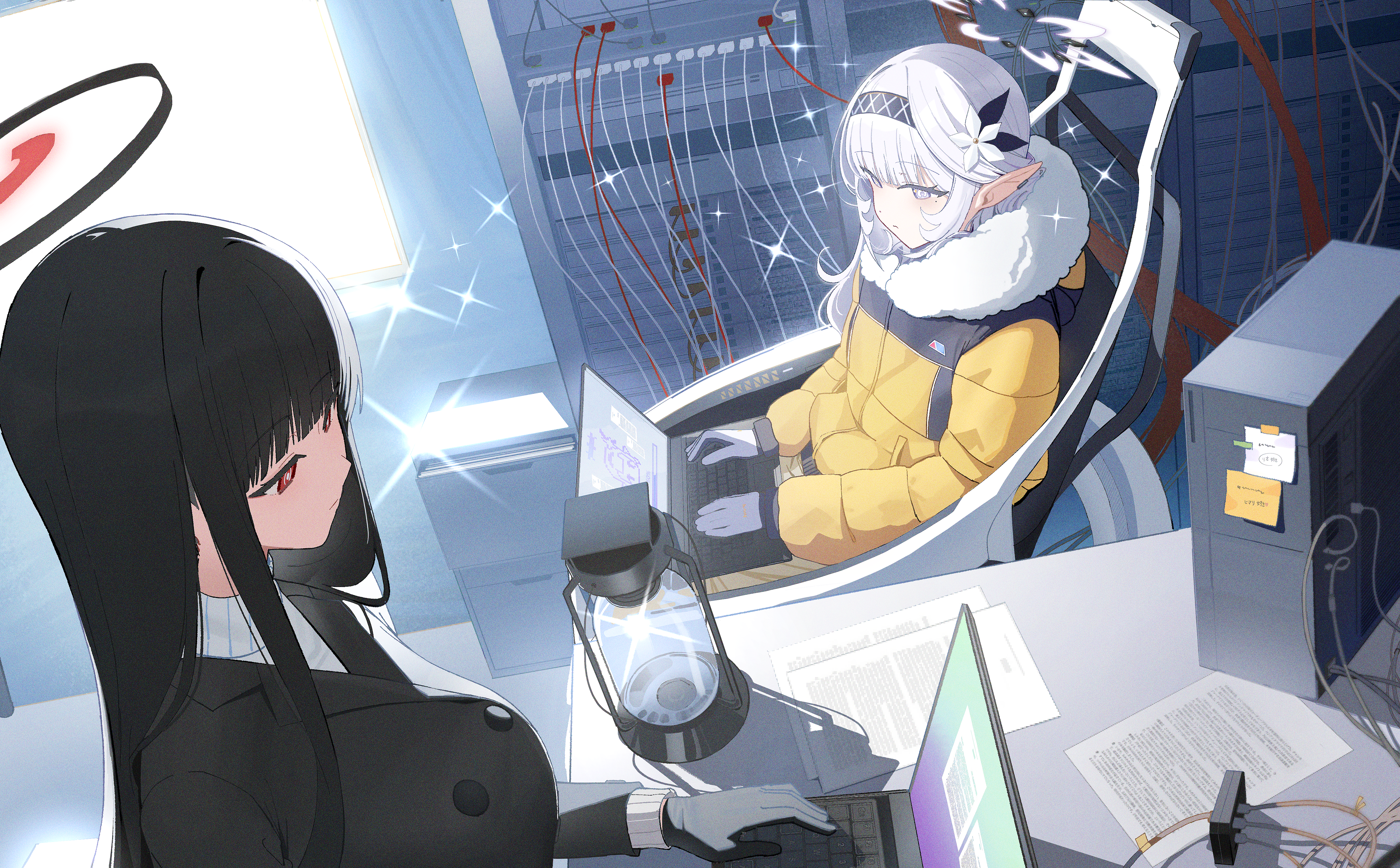 2girls absurdres black_coat black_hair black_ribbon blue_archive blunt_bangs coat computer flower gloves hair_flower hair_ornament hair_ribbon hairband highres himari_(blue_archive) jacket laptop long_hair multiple_girls official_alternate_costume on_chair pointy_ears purple_eyes purple_hairband red_eyes ribbon rio_(blue_archive) sidelocks sitting sweater turtleneck turtleneck_sweater wheelchair white_flower white_gloves white_hair white_sweater yellow_jacket zanya_000