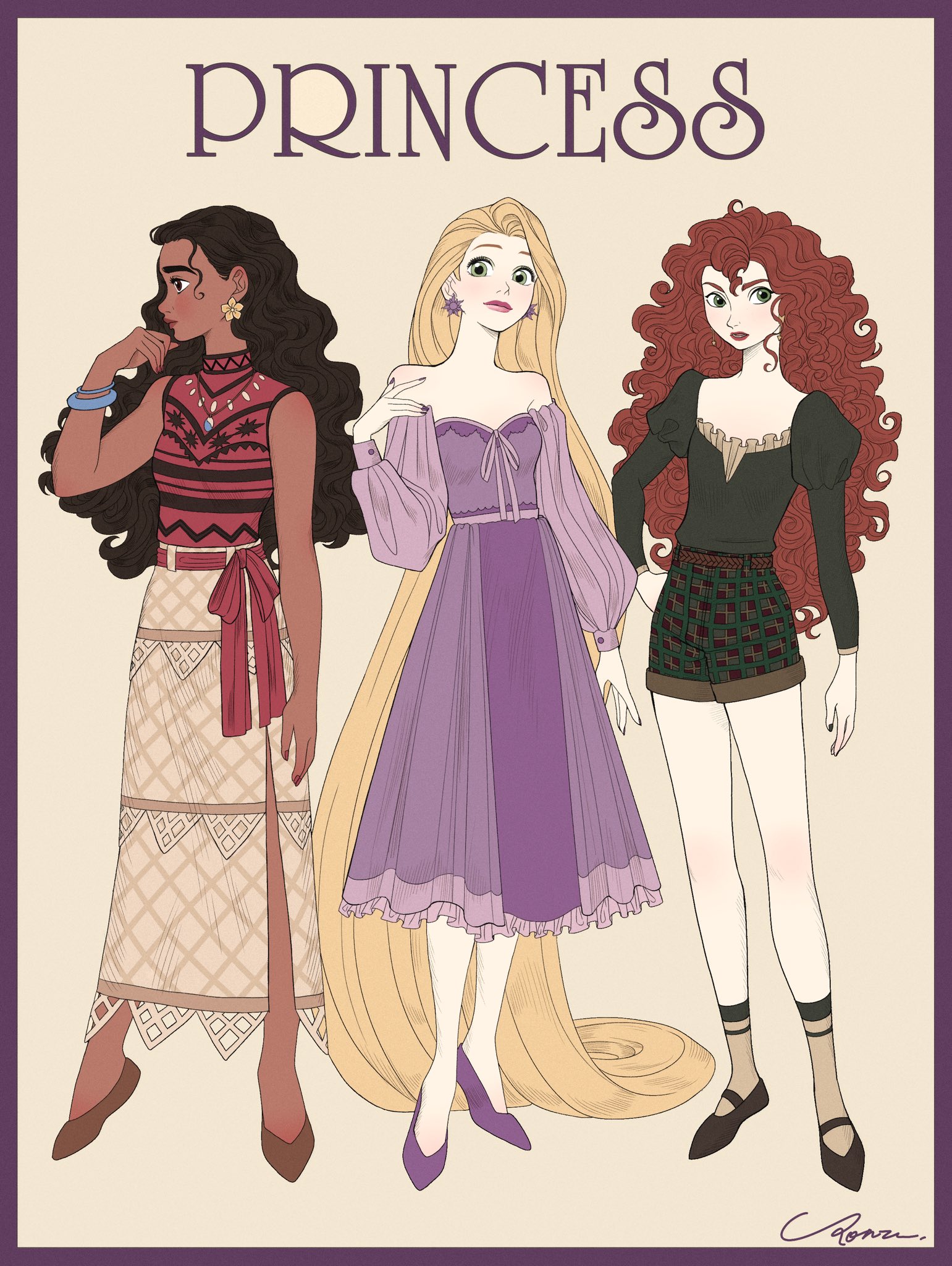 3girls blonde_hair blue_eyes brave_(pixar) brown_hair casual company_connection contemporary curly_hair dark_skin disney dress fashion highres jewelry long_hair looking_at_viewer merida_(brave) moana_(movie) moana_waialiki multiple_girls necklace orange_hair ponsu_(ponzuxponzu) princess rapunzel_(disney) smile tangled