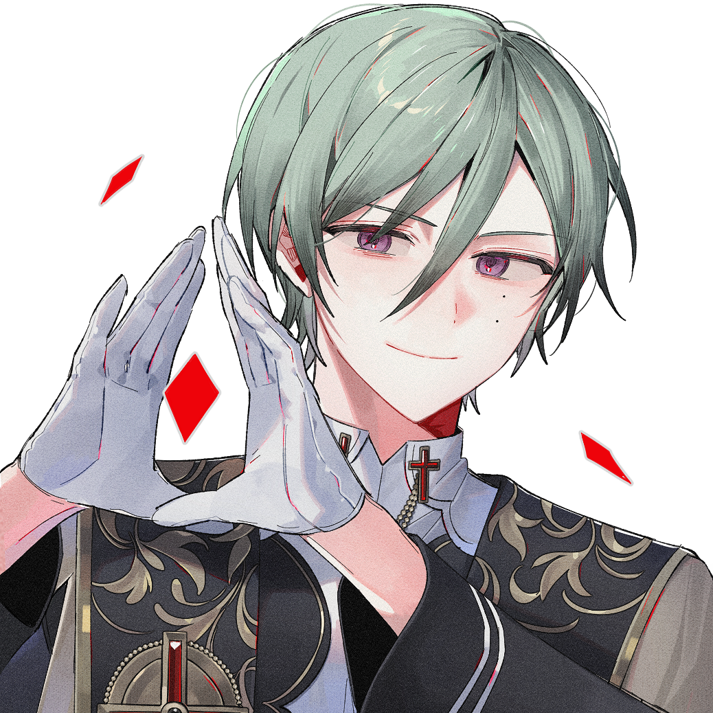 1boy anight cross diamond_(shape) ensemble_stars! gloves green_hair hair_between_eyes kazehaya_tatsumi long_sleeves looking_at_viewer male_focus mole mole_under_eye multiple_moles official_alternate_costume purple_eyes short_hair simple_background smile solo upper_body white_background white_gloves