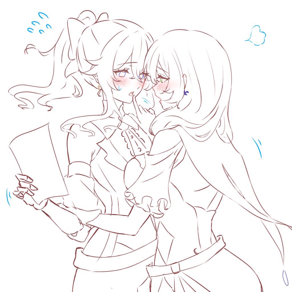 2girls blush bow cape commentary_request earrings finger_to_another&#039;s_mouth genshin_impact green_eyes greyscale hair_bow hand_on_another&#039;s_arm holding holding_paper jean_(genshin_impact) jewelry lisa_(genshin_impact) long_hair monochrome multiple_girls paper ponytail purple_eyes spot_color yumiluna25 yuri