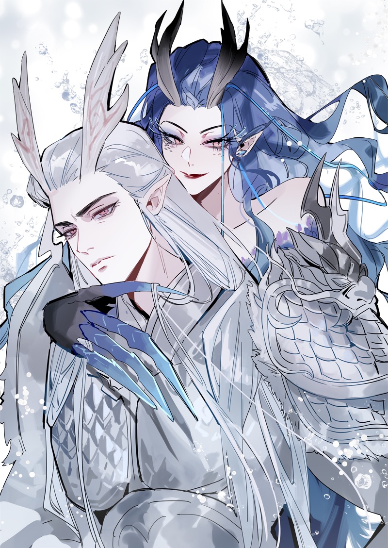 1boy 1girl ao_guang_(nezha_zhi_motong_jiangshi) ao_run_(nezha_zhi_motong_jiangshi) blue_dress blue_hair brother_and_sister dragon_girl dragon_horns dress eastern_dragon_horns horns long_hair nezha_zhi_motong_jiangshi pinocchiox pointy_ears siblings very_long_hair white_hair