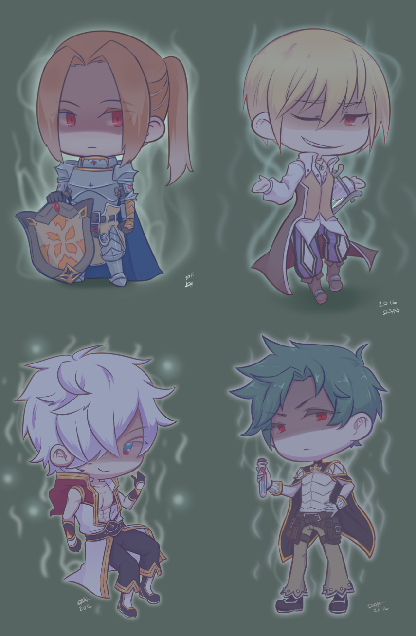 4boys alphoccio_basil armor armored_boots aura baggy_pants belt belt_pouch bio_lab black_belt black_gloves black_pants black_shoes blonde_hair blue_cape blue_eyes boots breastplate brown_boots brown_cape brown_coat brown_hair brown_pants cape champion_(ragnarok_online) championship_belt chen_lio chibi chibi_only clip_studio_paint_(medium) closed_mouth clown_(ragnarok_online) coat collared_shirt commentary corked_bottle creator_(ragnarok_online) cross cross_of_prontera dated english_commentary expressionless flamel_emure full_body gauntlets gloves gold_trim green_background green_hair grey_background grin hair_between_eyes hair_over_one_eye harp high_ponytail highres holding holding_instrument holding_shield hood hooded_coat instrument leg_armor lilblkrose long_hair long_sleeves looking_at_viewer male_focus multicolored_coat multiple_boys one_eye_closed paladin_(ragnarok_online) pants pauldrons ponytail pouch purple_pants ragnarok_online randel_lawrence red_coat red_eyes shaded_face shield shirt shoes short_hair shoulder_armor simple_background sleeveless sleeveless_coat sleeveless_shirt smile standing teeth two-tone_coat two-tone_gloves v-shaped_eyebrows vial white_coat white_gloves white_hair white_shirt