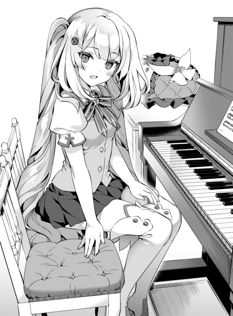 1girl blush bow bowtie breasts chair cushion drill_hair fate/grand_order fate_(series) greyscale hanabana_tsubomi homurabara_academy_school_uniform instrument looking_at_viewer marie_antoinette_(fate) miniskirt monochrome on_chair open_mouth piano school_uniform simple_background sitting skirt small_breasts smile solo thighhighs twin_drills upright_piano