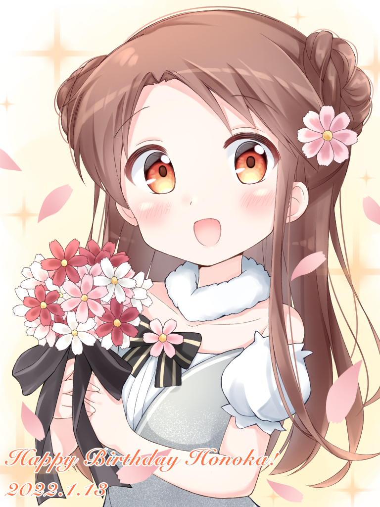 1girl :d birthday bow bowtie braid brown_eyes brown_hair english_text falling_petals flower hair_ornament happy_birthday kin-iro_mosaic long_hair matsubara_honoka melon_kohashi open_mouth petals smile solo striped_bow striped_bowtie striped_clothes