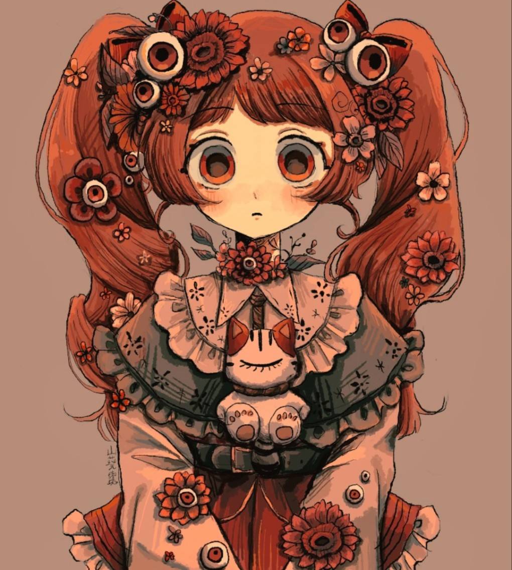 1girl artist_name belt black_belt blunt_bangs brooch capelet cat_brooch closed_mouth collar cowboy_shot disembodied_eye expressionless eye_hair_ornament flower frilled_capelet frilled_skirt frills grey_background grey_capelet hair_flower hair_ornament high-waist_skirt jewelry leaf light_blush long_hair looking_ahead looking_at_viewer material_growth original print_capelet red_flower red_hair red_skirt short_bangs signature simple_background skirt straight-on symmetry twintails v_arms wasabi_natsume wavy_hair white_collar white_sleeves wing_collar yellow_flower