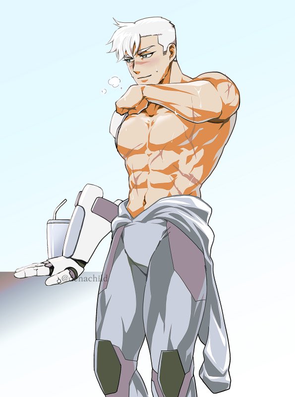 1boy abs bara blush bodysuit bodysuit_pull closed_mouth commentary_request denachild detached_arm grey_bodysuit hyakujuu-ou_golion korean_commentary male_focus muscular muscular_male navel no_nipples pectorals prosthesis prosthetic_arm scar scar_on_chest scar_on_face short_hair simple_background solo sweat sweatdrop takashi_shirogane twitter_username voltron:_legendary_defender voltron_(series) white_hair