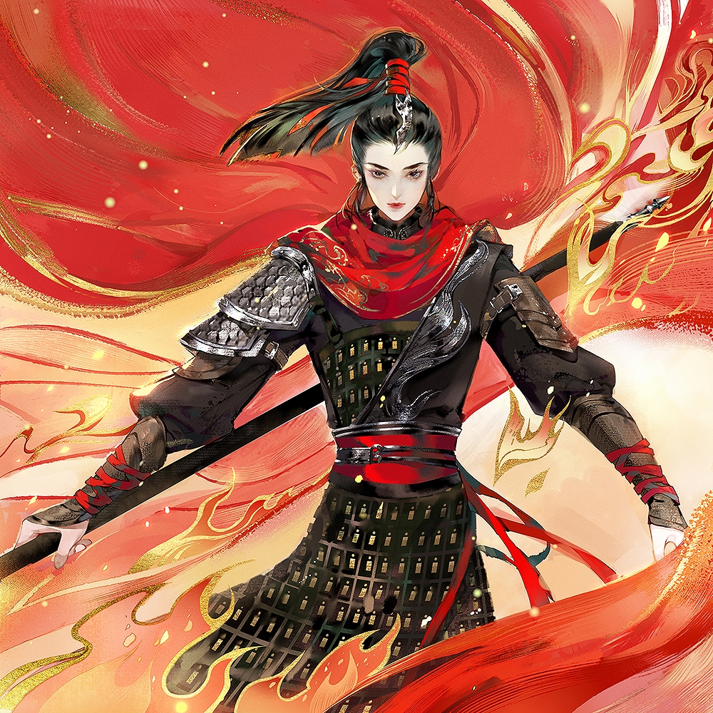 1boy armor asian black_hair black_shirt blunt_ends bracer breastplate cape character_request chinese_armor closed_mouth cowboy_shot embers expressionless fire floating_cape floating_hair forehead grey_eyes hair_ribbon high_ponytail holding holding_behind_back holding_polearm holding_weapon holding_weapon_behind_back hua_yu_jian lipstick long_sleeves looking_at_viewer makeup male_focus orange_background pauldrons polearm ponytail pyrokinesis red_cape red_lips red_ribbon ribbon shirt short_hair shoulder_armor single_pauldron solo standing thick_eyebrows waist_ribbon weapon wind wrist_ribbon ye_dian_pikaqiu