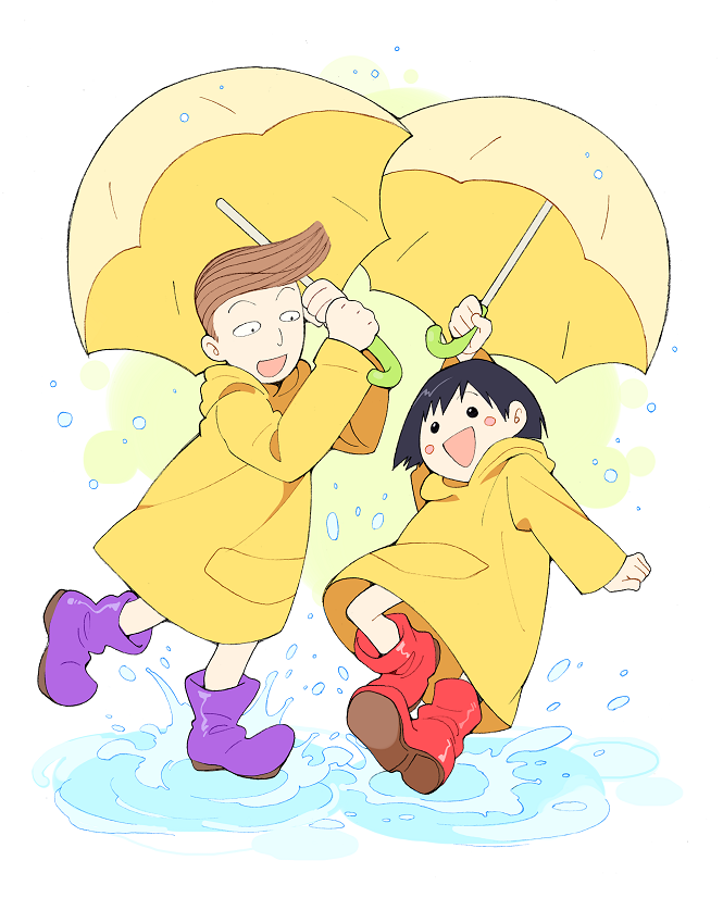 1boy 1girl akusyu arm_up black_hair blush_stickers boots brown_hair chibi_maruko-chan hanawa_kazuhiko holding holding_umbrella looking_at_another open_mouth puddle purple_footwear raincoat red_footwear rubber_boots sakura_momoko short_hair smile solid_circle_eyes umbrella yellow_raincoat