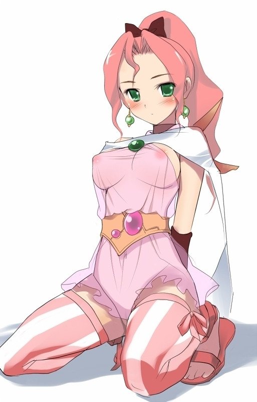 1990s_(style) 1girl aged_up blush breasts earrings female_focus final_fantasy final_fantasy_iv final_fantasy_iv:_the_after_years green_eyes hima jewelry kneeling large_breasts looking_at_viewer nipples pink_hair ponytail porom retro_artstyle sandals see-through_clothes simple_background solo white_background