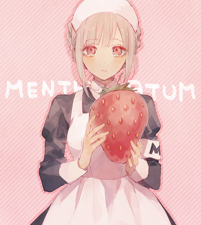 1girl alternate_costume blush cosplay danganronpa_(series) danganronpa_2:_goodbye_despair enmaided female_focus food fruit hashimoto_kanna hashimoto_kanna_(cosplay) hashimoto_kanna_(idol) io_(sinking=carousel) long_sleeves looking_at_viewer maid nanami_chiaki oversized_food oversized_object pink_eyes pink_hair rev._from_dvl simple_background solo strawberry