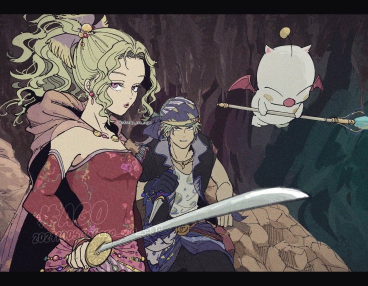 1boy 1girl black_border black_gloves black_jacket black_pants border breasts cape cave clenched_teeth creature dagger dated detached_sleeves dress earrings fighting_stance final_fantasy final_fantasy_vi gloves green_hair grey_hair hair_bobbles hair_ornament hair_ribbon headscarf holding holding_dagger holding_knife holding_sword holding_weapon jacket jewelry knife letterboxed locke_cole long_hair looking_at_viewer medium_breasts moogle pants parted_bangs pink_cape ponytail print_shirt purple_eyes red_dress red_sleeves ribbon sash sharp_na_ago shirt short_hair single_glove strapless strapless_dress sword teeth tina_branford tube_dress twitter_username waist_sash wavy_hair weapon