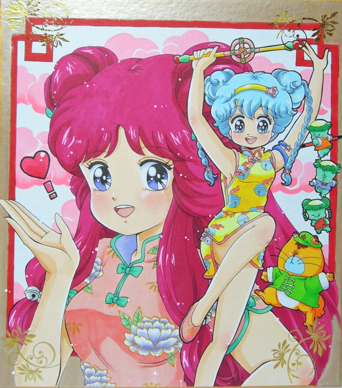 1980s_(style) 2girls blue_eyes blue_hair braid cat china_dress chinese_clothes creature double_bun dress dual_persona full_body gera_gera_(persia) hairband hayami_persia heart long_hair mahou_no_yousei_persia meso_meso_(persia) mikiky multiple_girls retro_artstyle persia_(mahou_no_yousei_persia) pink_hair puri_puri_(persia) retro_artstyle shikishi shoes short_hair simba_(persia) smile standing standing_on_one_leg traditional_media twin_braids twintails wand