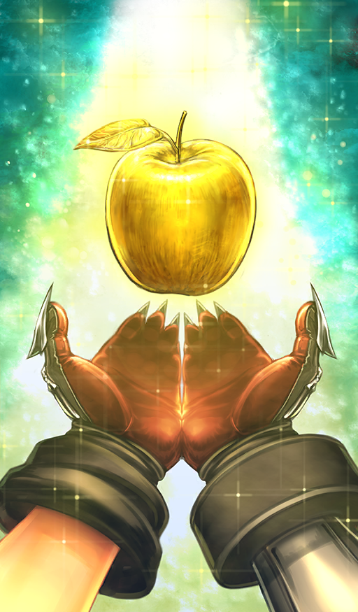 1girl apple armored_gloves asymmetrical_sleeves atalanta_(fate) black_gloves commentary fate/grand_order fate_(series) floating food fruit gloves golden_apple green_background hayosena mismatched_sleeves object_focus official_art red_gloves third-party_source