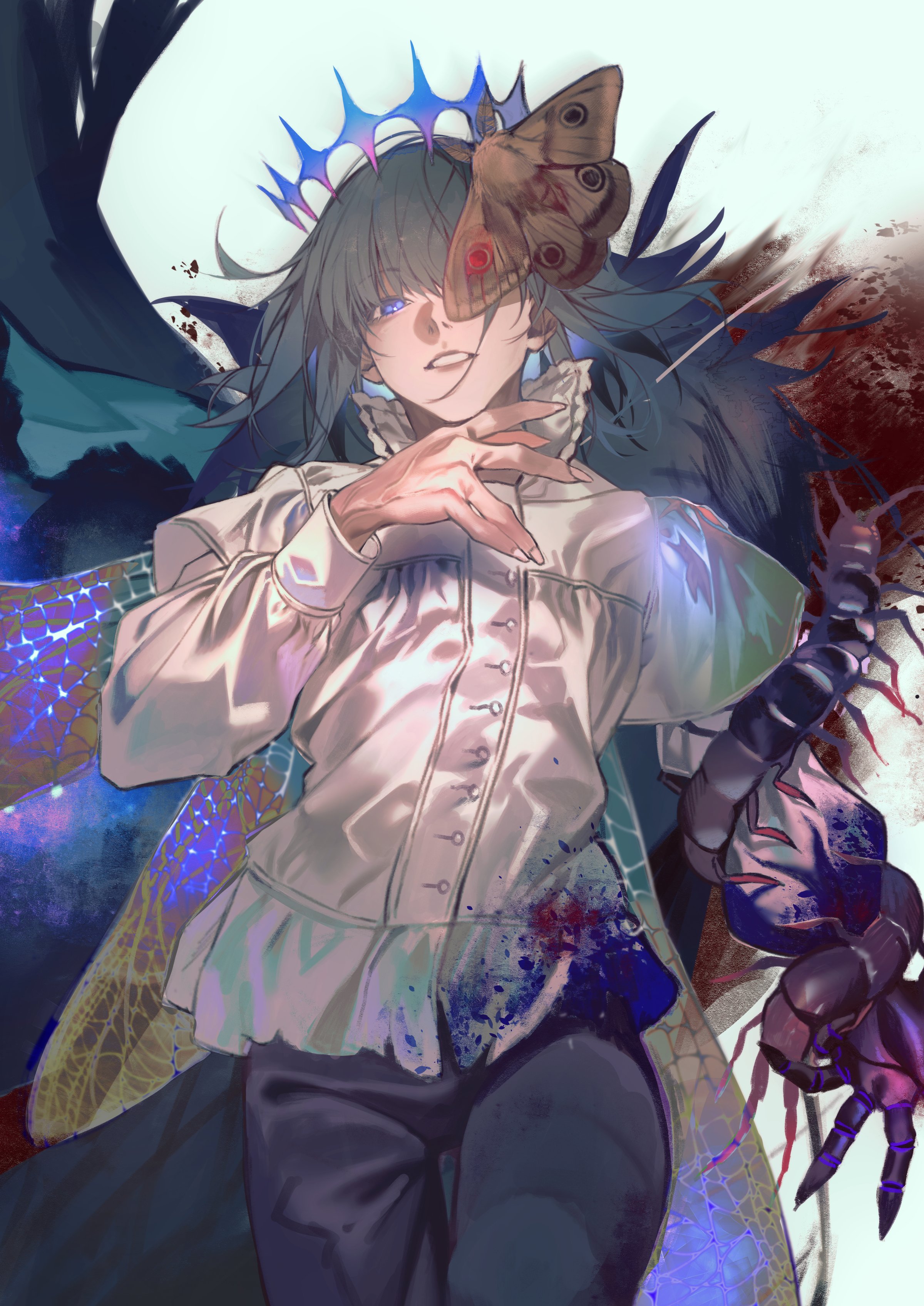 1boy absurdres aqua_background arm_at_side arthropod_limbs black_cape black_pants blood blood_on_clothes blue_blood blue_eyes bug cape centipede cowboy_shot crown dragonfly_wings fate/grand_order fate_(series) fur-trimmed_cape fur_trim grey_hair hair_between_eyes hand_up highres hiro_(hirohiro_gorira) insect long_sleeves looking_at_viewer lying male_focus moth moth_on_head nostrils oberon_(fate) oberon_(third_ascension)_(fate) on_back one_eye_covered pants parted_lips popped_collar puffy_long_sleeves puffy_sleeves shirt short_hair simple_background solo veins veiny_hands white_shirt