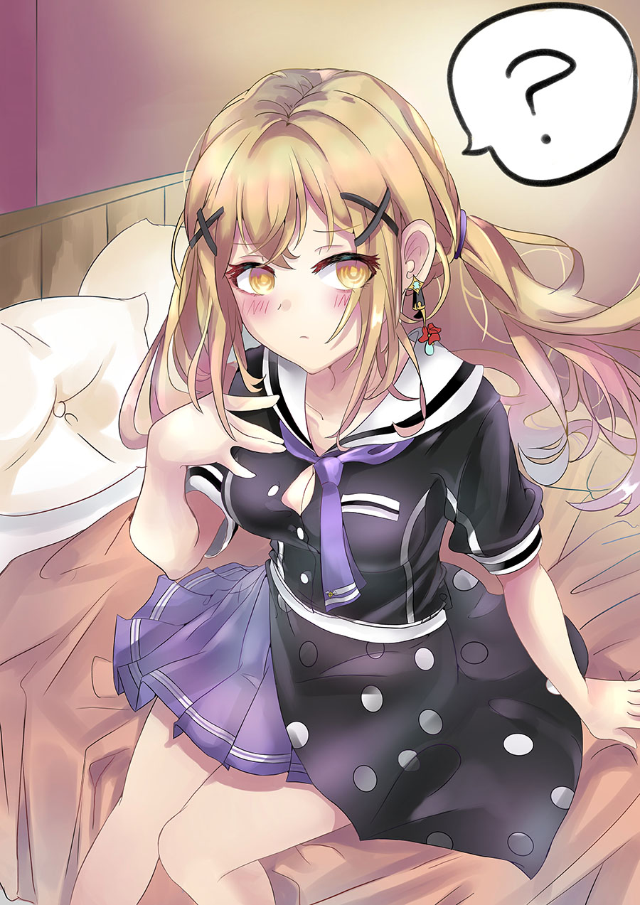 1girl ? bang_dream! bed blonde_hair blush breasts cleavage_cutout clothing_cutout collarbone commentary_request hair_between_eyes hair_ornament hair_tie hairclip hand_on_bed hand_on_own_chest highres ichigaya_arisa korean_commentary long_hair medium_breasts necktie on_bed patpang pillow purple_necktie purple_skirt sailor_collar school_uniform serafuku short_sleeves sitting sitting_on_object skirt solo speech_bubble spoken_question_mark yellow_eyes