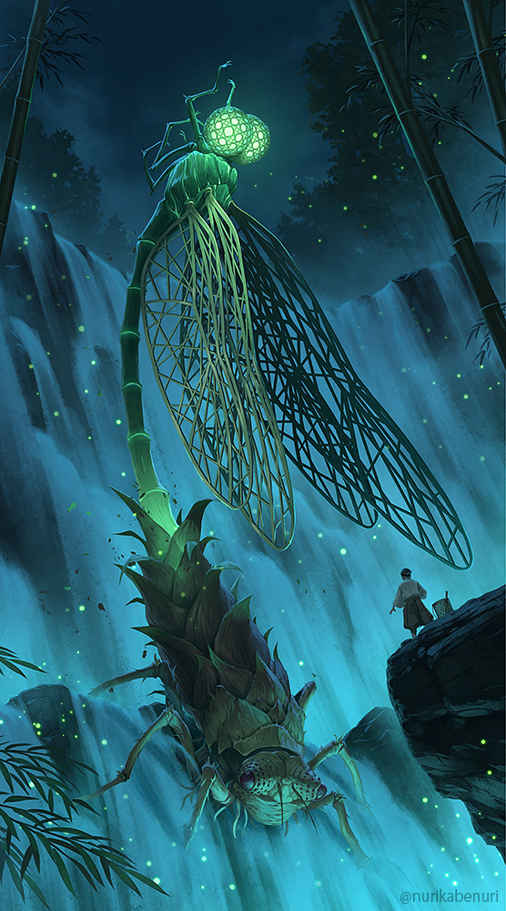1boy animal artist_name bamboo bug dragonfly insect monster night nurikabe_(mictlan-tecuhtli) original outdoors oversized_animal short_hair solo standing tree water waterfall wings