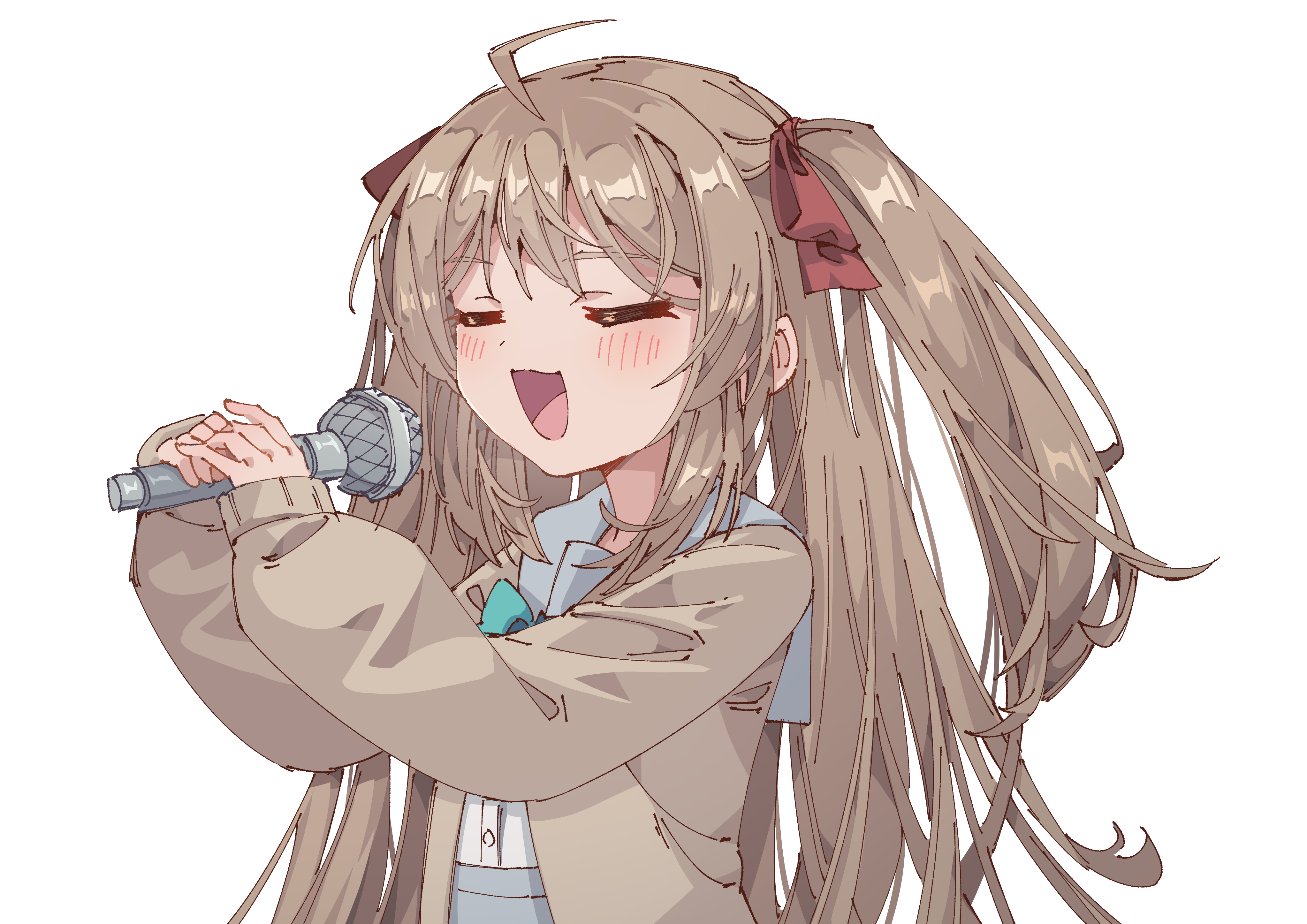 1girl :d =_= absurdres ahoge blush bow bowtie brown_cardigan brown_hair cardigan closed_eyes green_bow green_bowtie grey_sailor_collar grey_skirt hands_up highres holding holding_microphone indie_virtual_youtuber light_brown_hair live2d_inc. long_hair microphone momose_hiyori music neuro-sama open_mouth rune_(dualhart) sailor_collar school_uniform serafuku sidelocks singing skirt smile transparent_background two_side_up upper_body virtual_youtuber white_serafuku