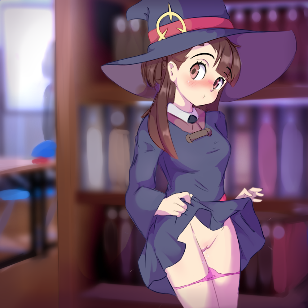 blush chenki_(chenki) cleft_of_venus clothes_lift hat kagari_atsuko library lifting_own_clothes little_witch_academia panties panty_pull pink_panties pussy self_exposure skirt skirt_lift underwear witch_hat